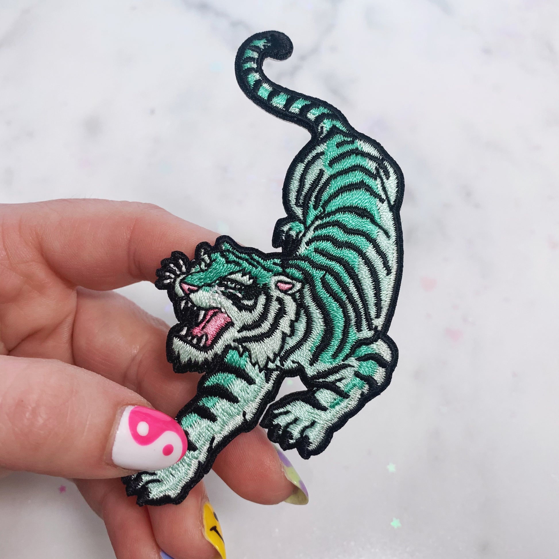 TR00210-ALL-OS-R Pastel Tiger Patches - Embroidered Iron On Appliques - Patches for Jackets - Wildflower + Co. DIY mint