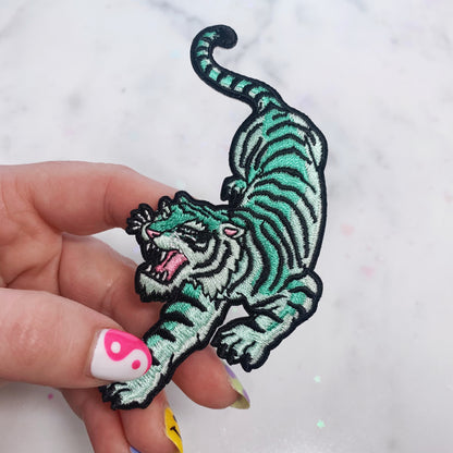 TR00210-ALL-OS-R Pastel Tiger Patches - Embroidered Iron On Appliques - Patches for Jackets - Wildflower + Co. DIY mint