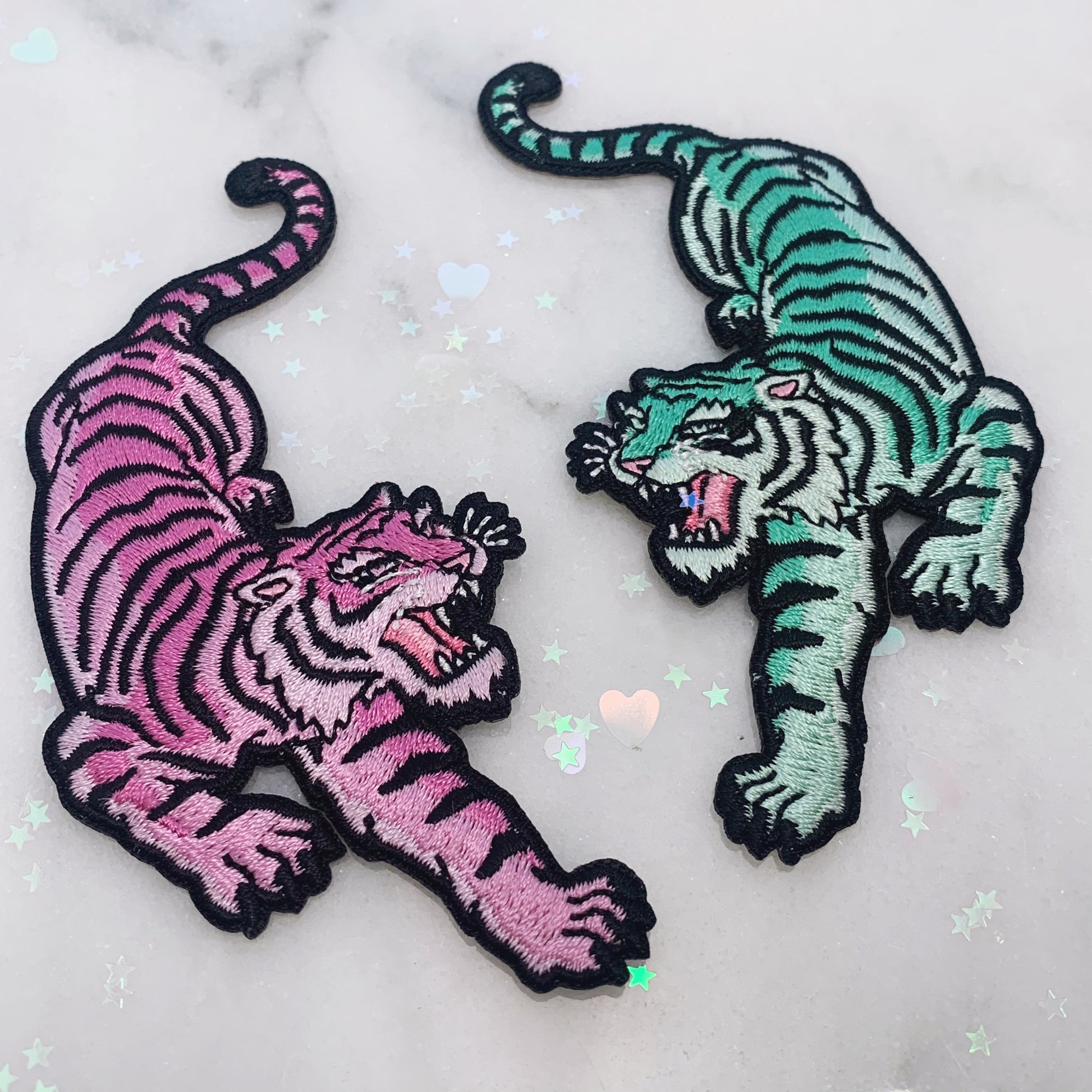 TR00210-ALL-OS-R Pastel Tiger Patches - Embroidered Iron On Appliques - Patches for Jackets - Wildflower + Co. DIY lilac - mint