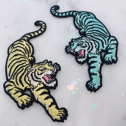 TR00210-ALL-OS-R Pastel Tiger Patches - Embroidered Iron On Appliques - Patches for Jackets - Wildflower + Co. DIY ywllow aqua