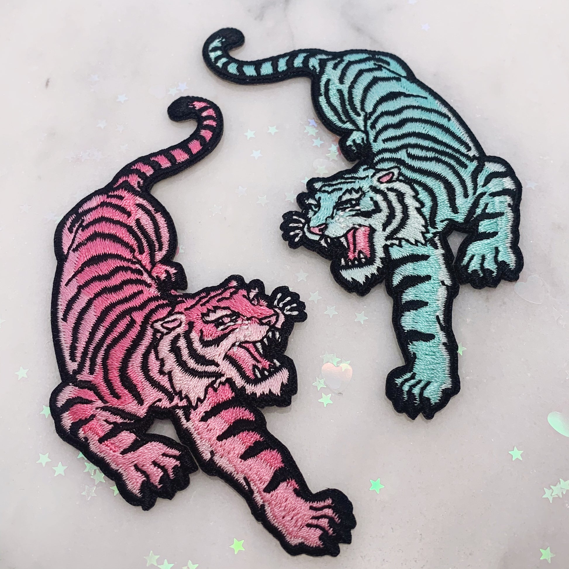 TR00210-ALL-OS-R Pastel Tiger Patches - Embroidered Iron On Appliques - Patches for Jackets - Wildflower + Co. DIY pink aqua