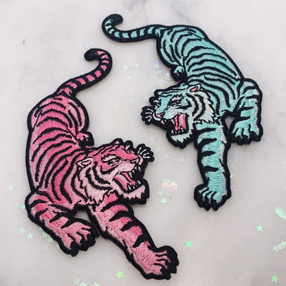 TR00210-ALL-OS-R Pastel Tiger Patches - Embroidered Iron On Appliques - Patches for Jackets - Wildflower + Co. DIY pink aqua