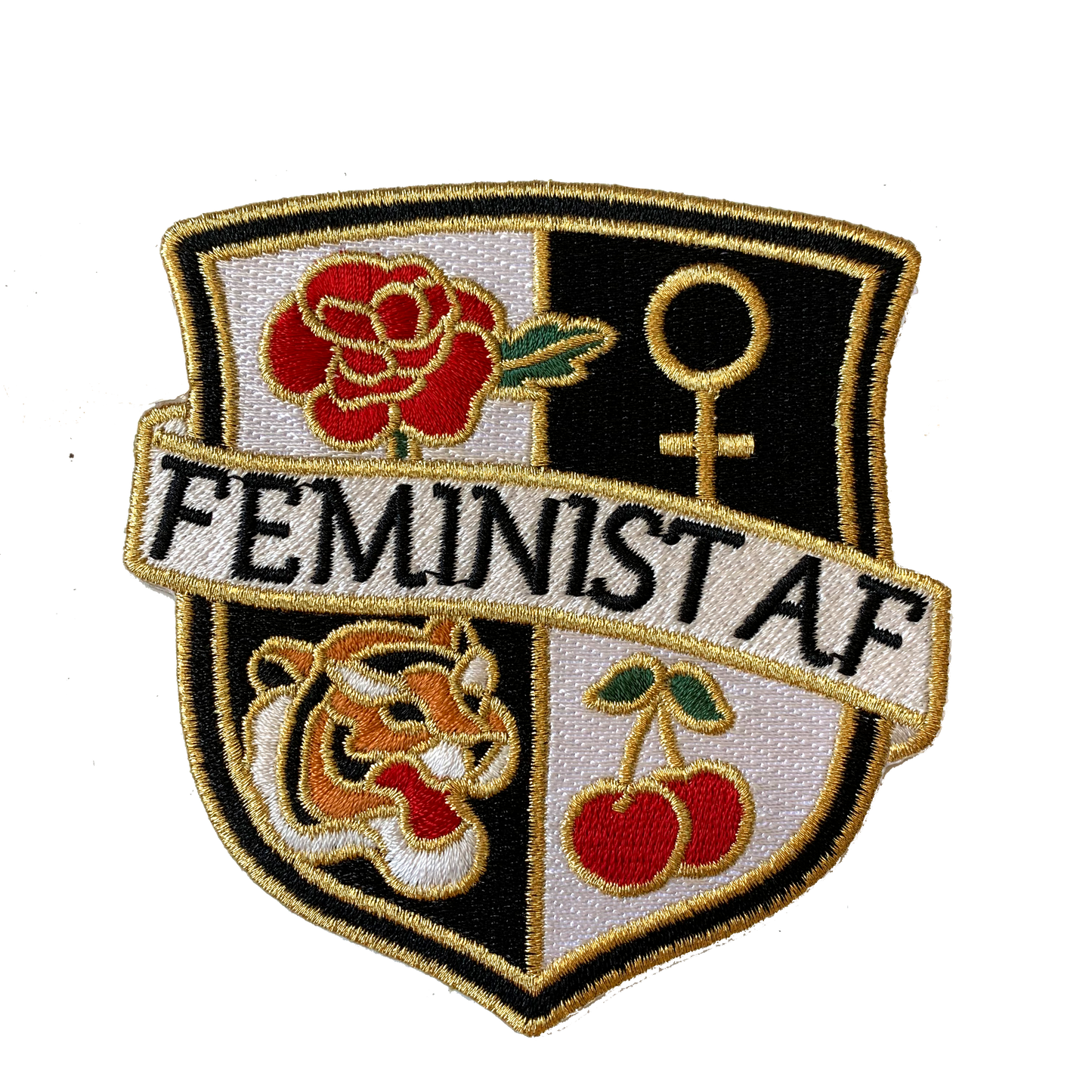 TR00328-PNK-OS - Feminist AF Crest Patch - Medium -Pink - Embroidered Iron On - Wildflower + Co. DIY black & white