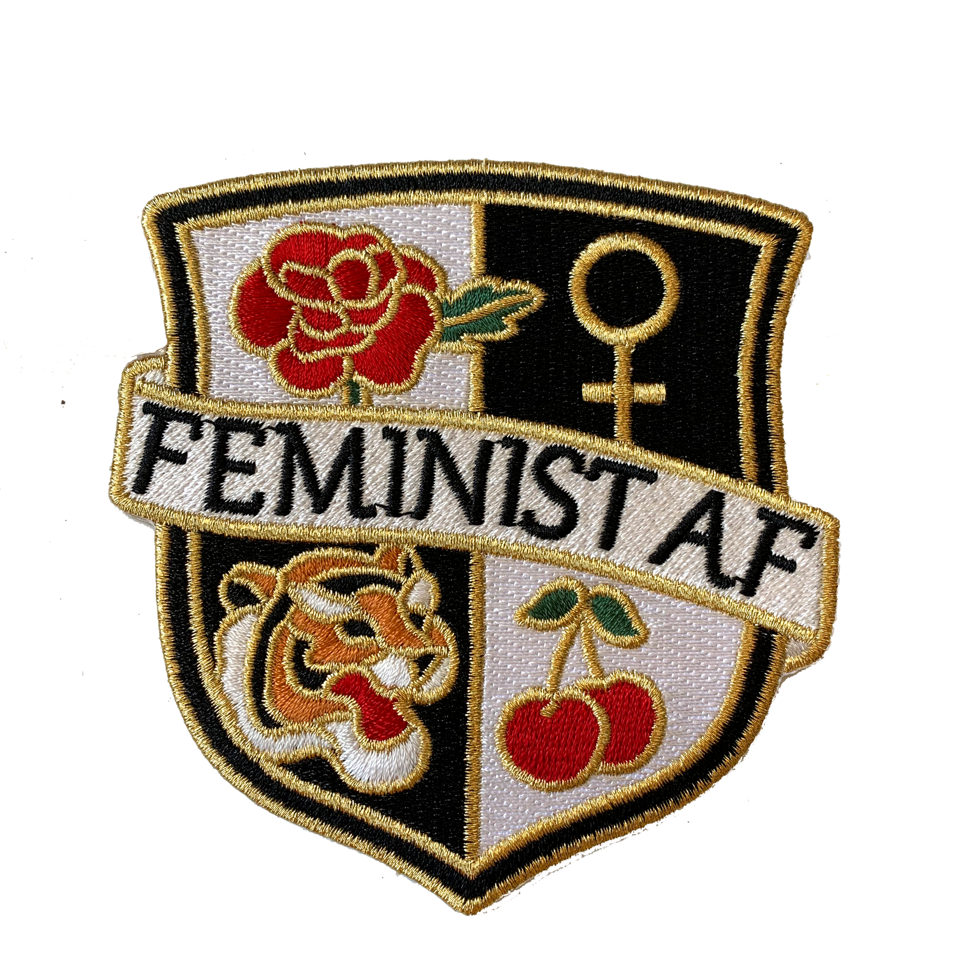 TR00328-PNK-OS - Feminist AF Crest Patch - Medium -Pink - Embroidered Iron On - Wildflower + Co. DIY black & white