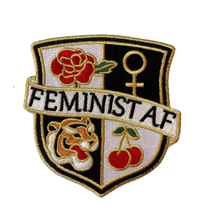TR00328-PNK-OS - Feminist AF Crest Patch - Medium -Pink - Embroidered Iron On - Wildflower + Co. DIY black & white