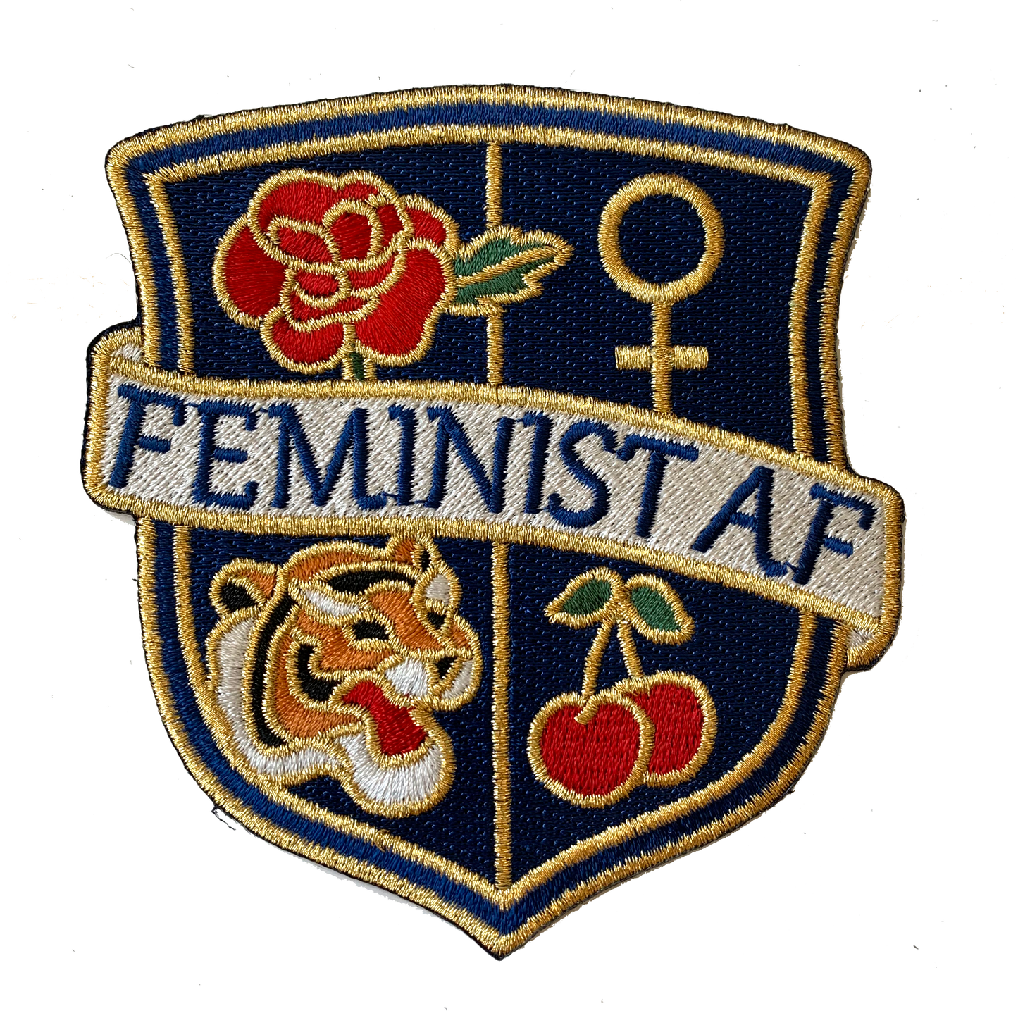 TR00328-PNK-OS - Feminist AF Crest Patch - Medium -Pink - Embroidered Iron On - Wildflower + Co. DIY - navy