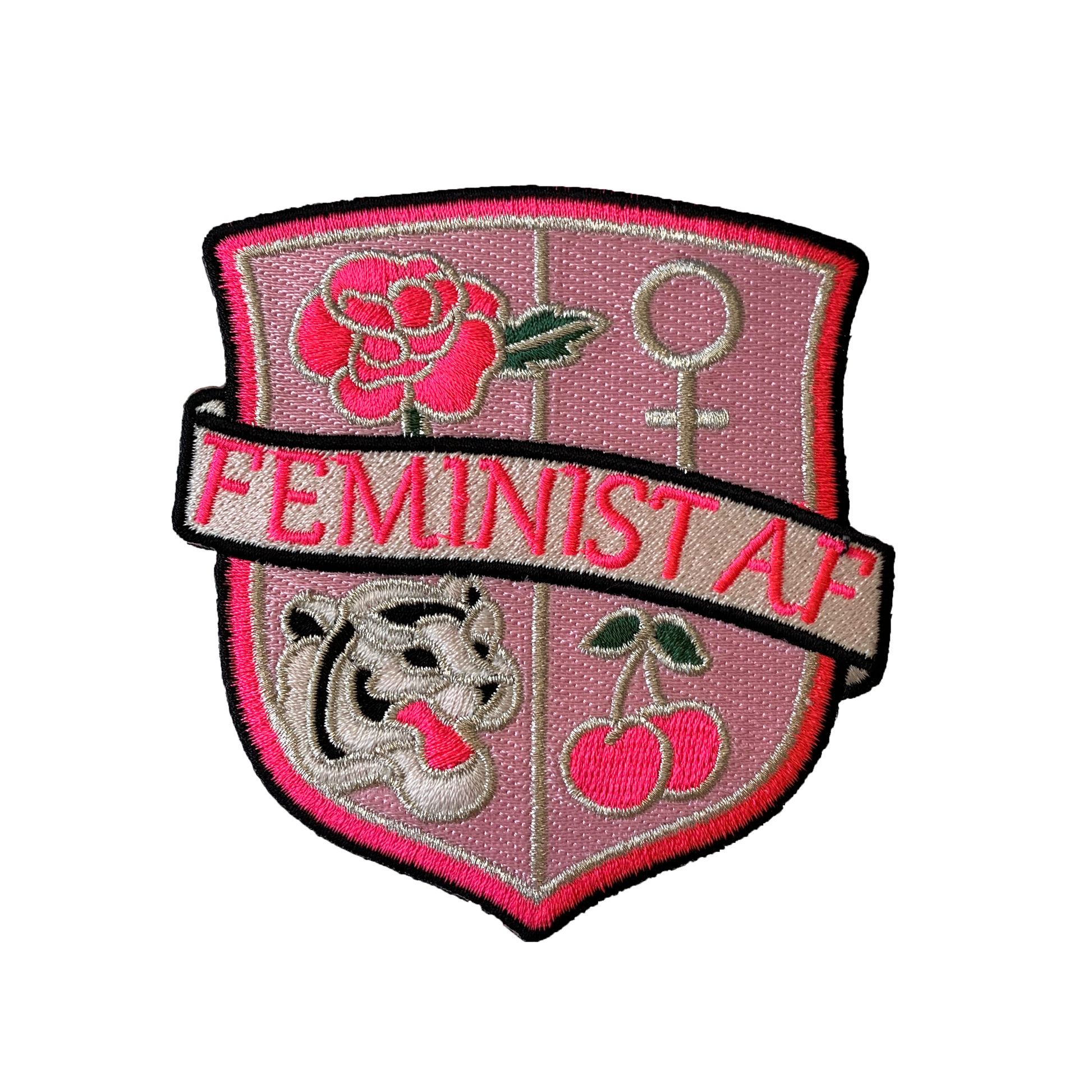 TR00328-PNK-OS - Feminist AF Crest Patch - Medium -Pink - Embroidered Iron On - Wildflower + Co. DIY pink