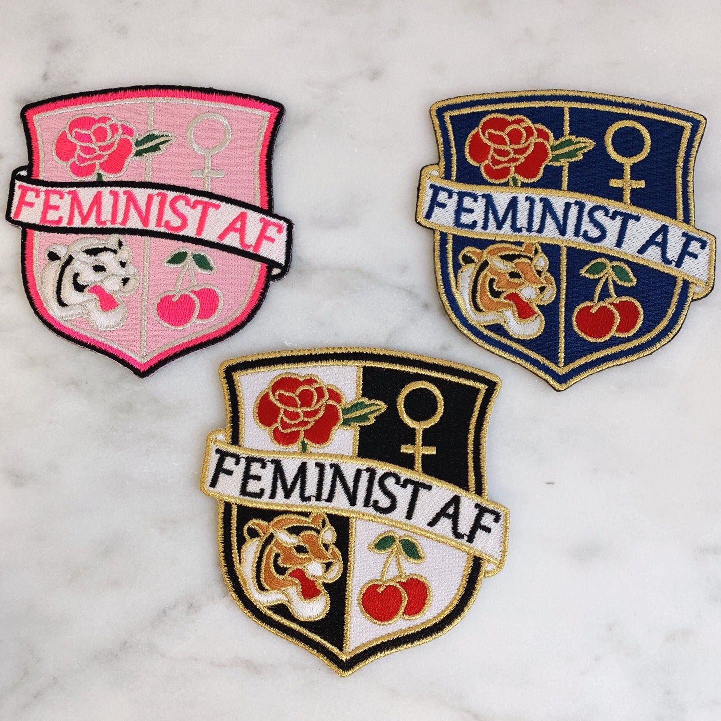 TR00328-PNK-OS - Feminist AF Crest Patch - Medium -Pink - Embroidered Iron On - Wildflower + Co. DIY
