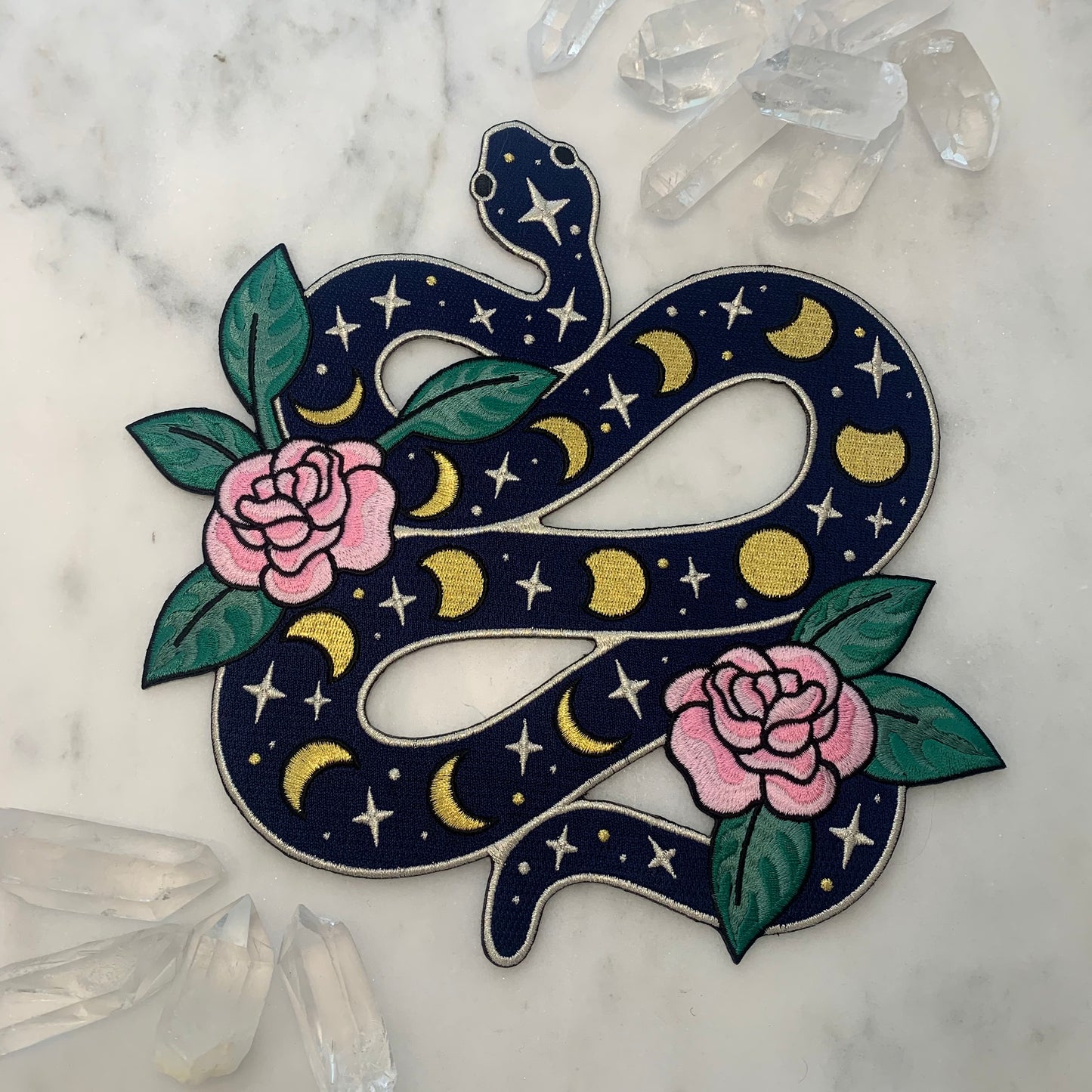 TR00427-BLK-OS-R Snake XL Back Patch - Iron On Patches - Embroidered - Serpent Moon Phases Celestial Magic - Wildflower + Co. DIY - styled
