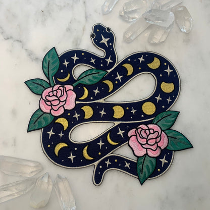 TR00427-BLK-OS-R Snake XL Back Patch - Iron On Patches - Embroidered - Serpent Moon Phases Celestial Magic - Wildflower + Co. DIY - styled
