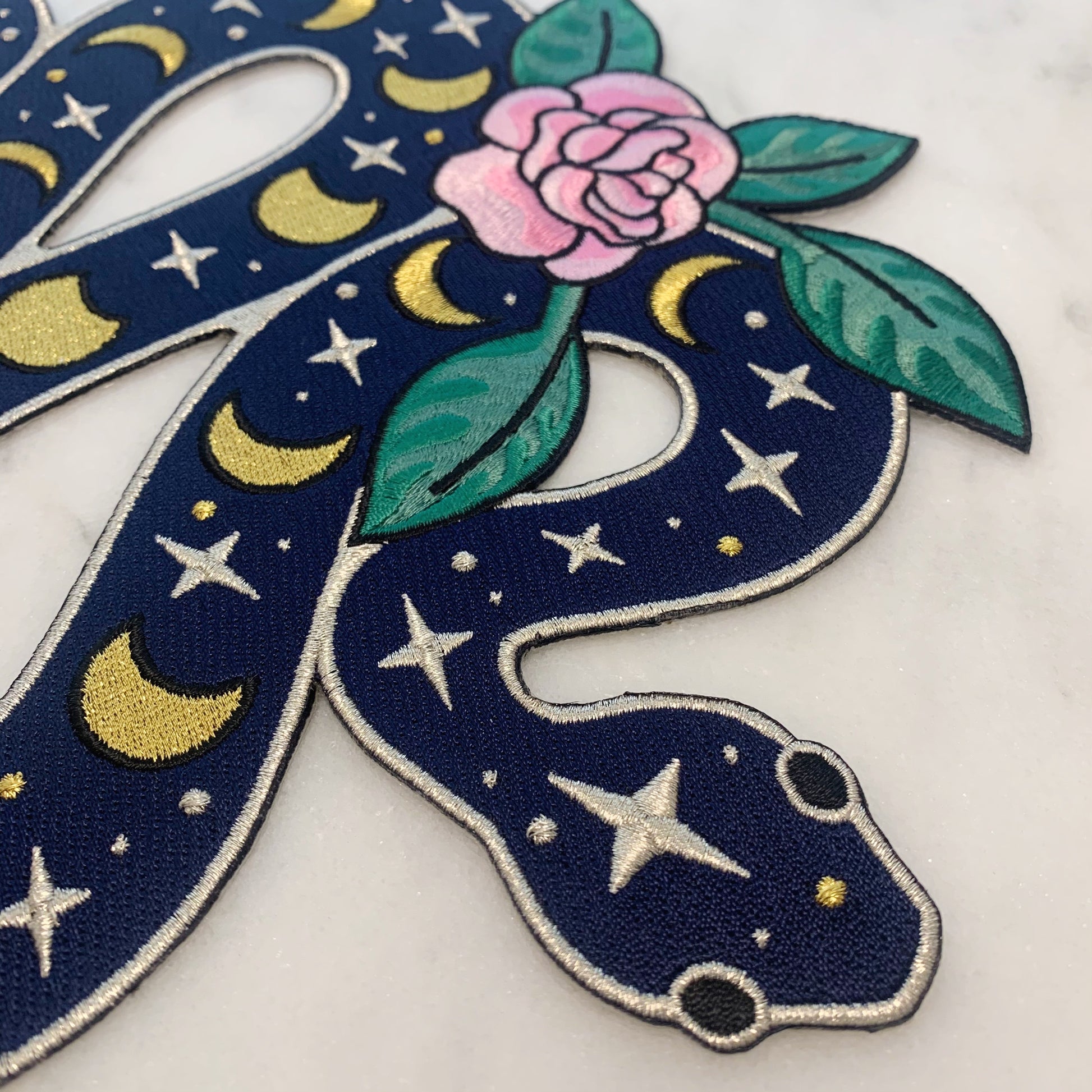 TR00427-BLK-OS-R Snake XL Back Patch - Iron On Patches - Embroidered - Serpent Moon Phases Celestial Magic - Wildflower + Co. DIY - detail