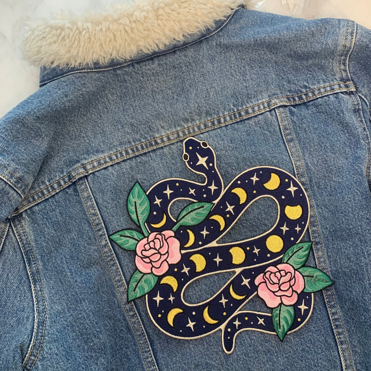 TR00427-BLK-OS-R Snake XL Back Patch - Iron On Patches - Embroidered - Serpent Moon Phases Celestial Magic - Wildflower + Co. DIY - Jacket