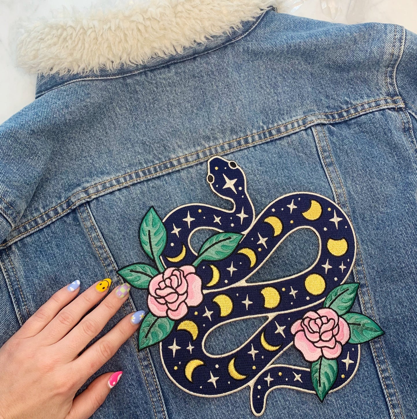 TR00427-BLK-OS-R Snake XL Back Patch - Iron On Patches - Embroidered - Serpent Moon Phases Celestial Magic - Wildflower + Co. DIY - Jacket 2 hand