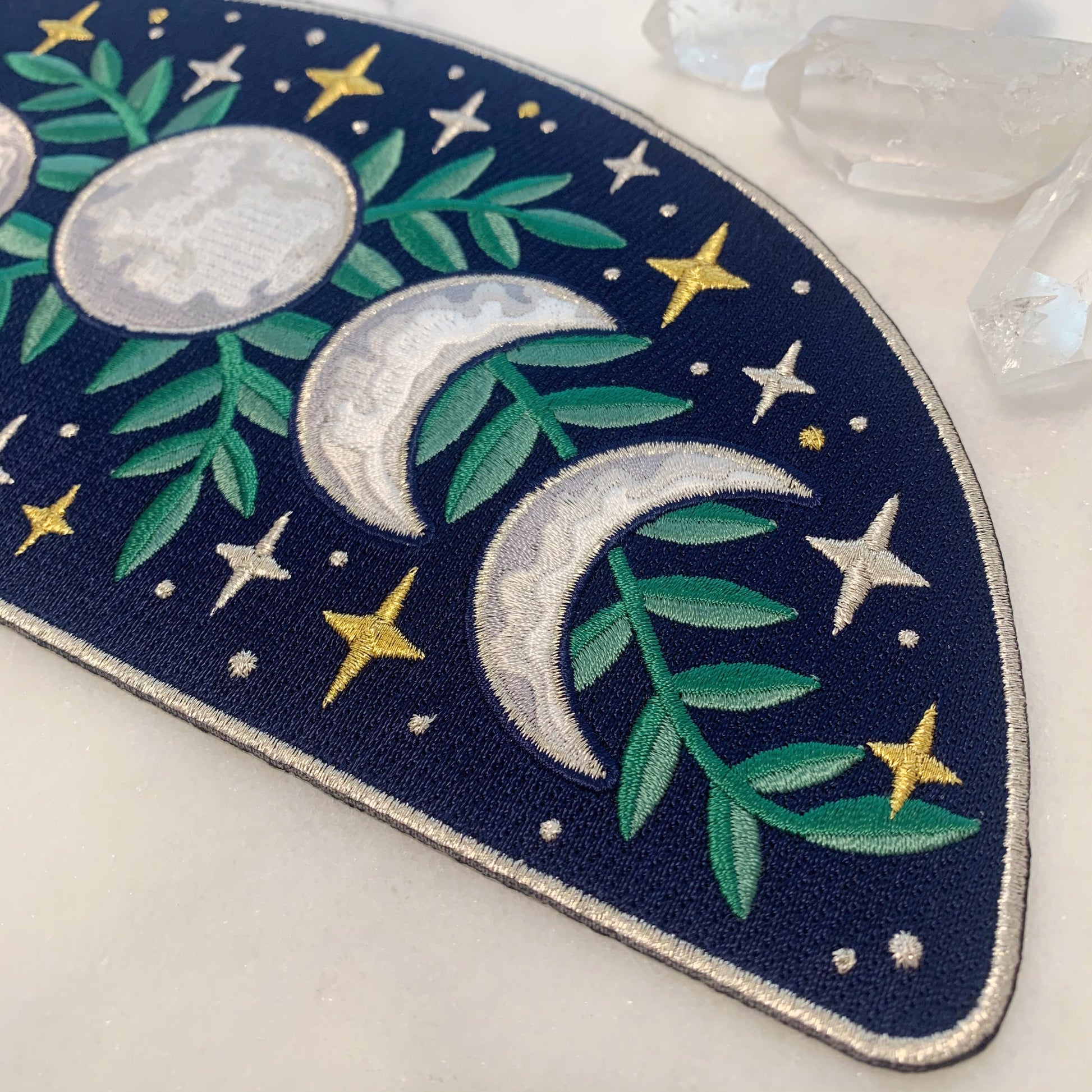 TR00428-NVY-OS Moon Phases XL Back Patch - Iron On Patches - Embroidered - Celestial Magic - Wildflower + Co. DIY Jacket2 detail