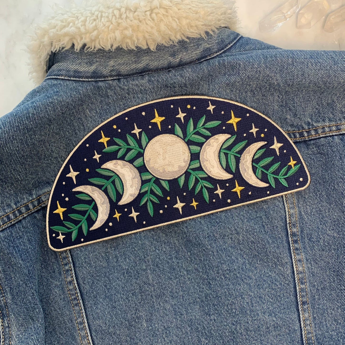 TR00428-NVY-OS Moon Phases XL Back Patch - Iron On Patches - Embroidered - Celestial Magic - Wildflower + Co. DIY Jacket2