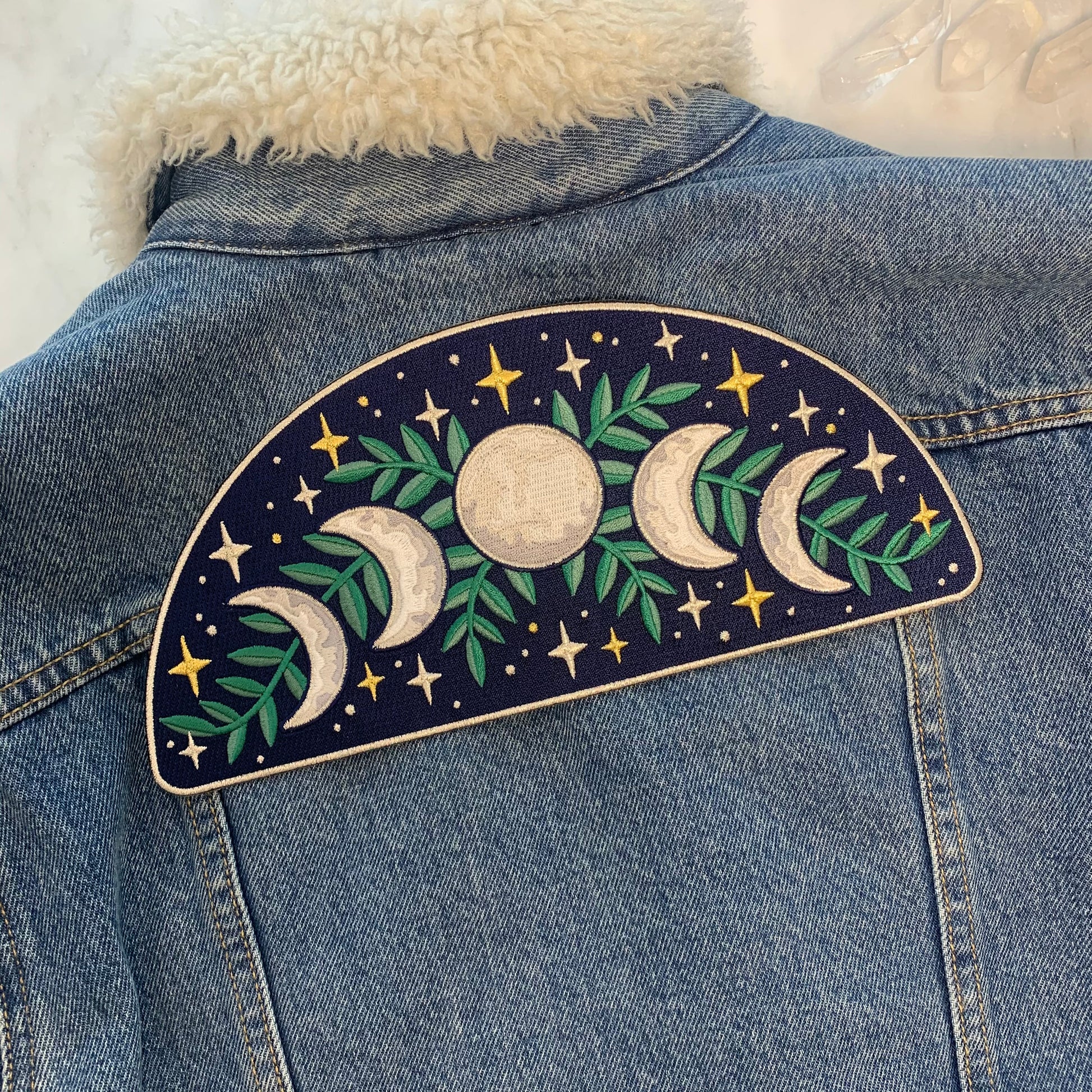 TR00428-NVY-OS Moon Phases XL Back Patch - Iron On Patches - Embroidered - Celestial Magic - Wildflower + Co. DIY Jacket2