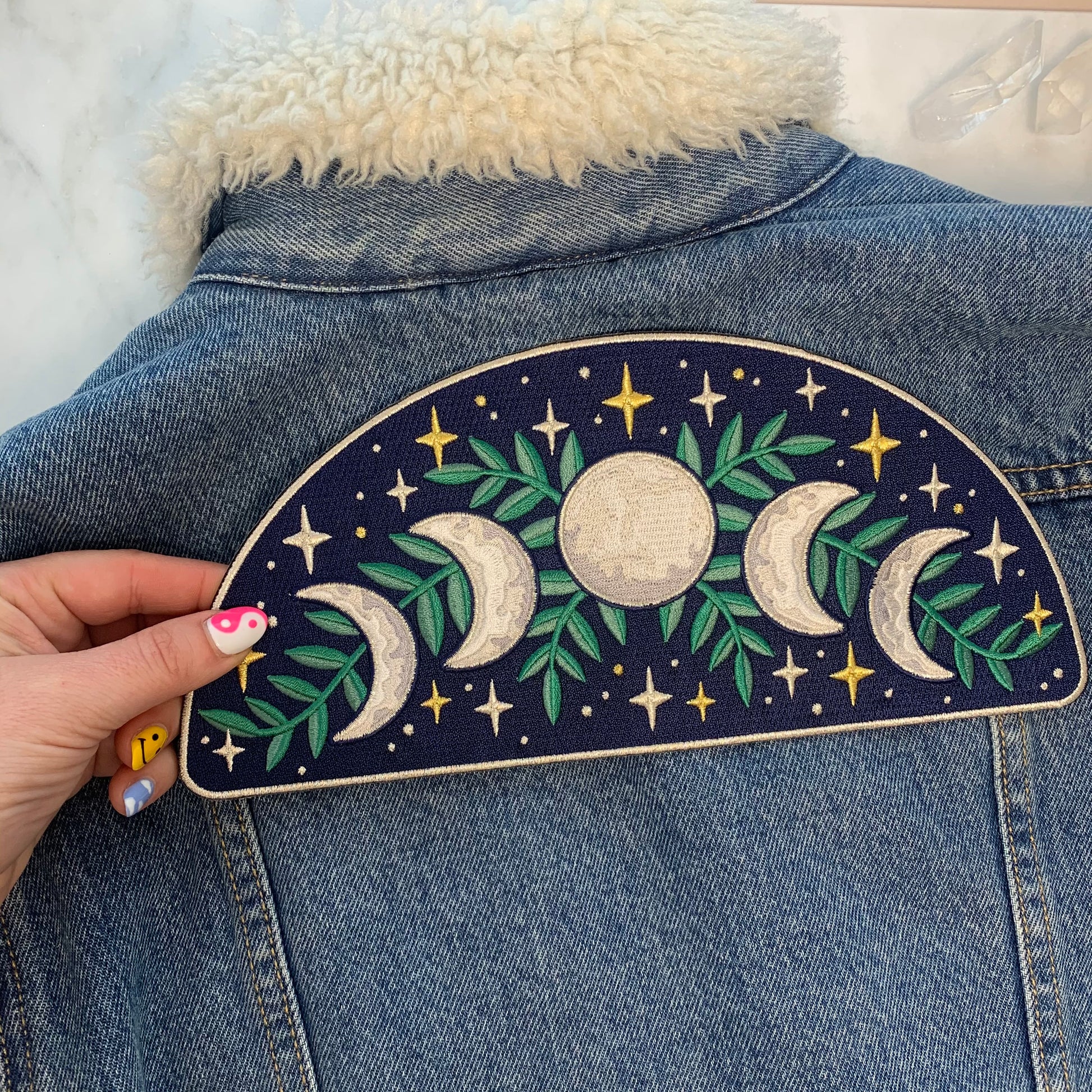 TR00428-NVY-OS Moon Phases XL Back Patch - Iron On Patches - Embroidered - Celestial Magic - Wildflower + Co. DIY Jacket2