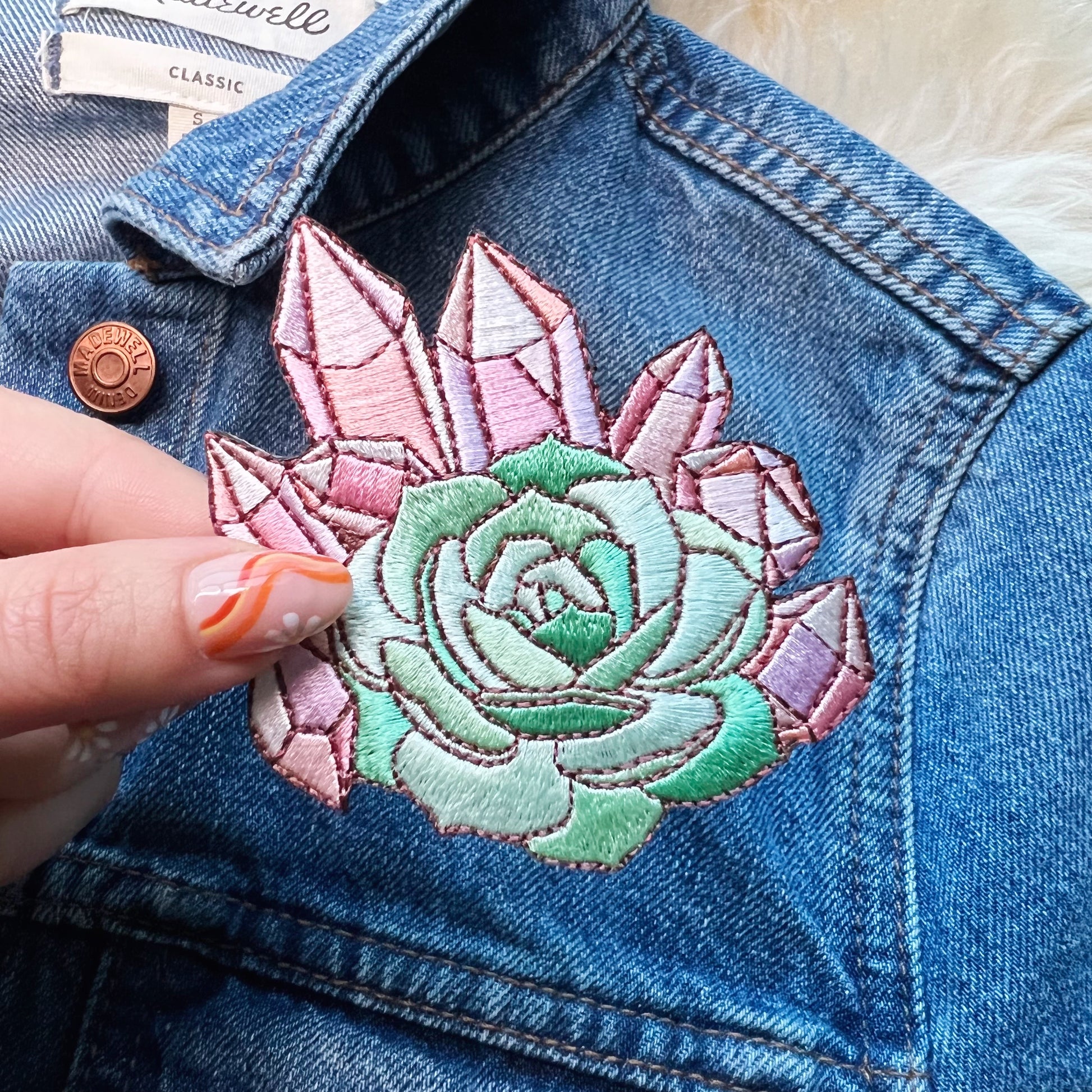 TR00493-MLT-OS Crysta & Succulent Patch - Embroidered Iron On Patches  (3) jacket