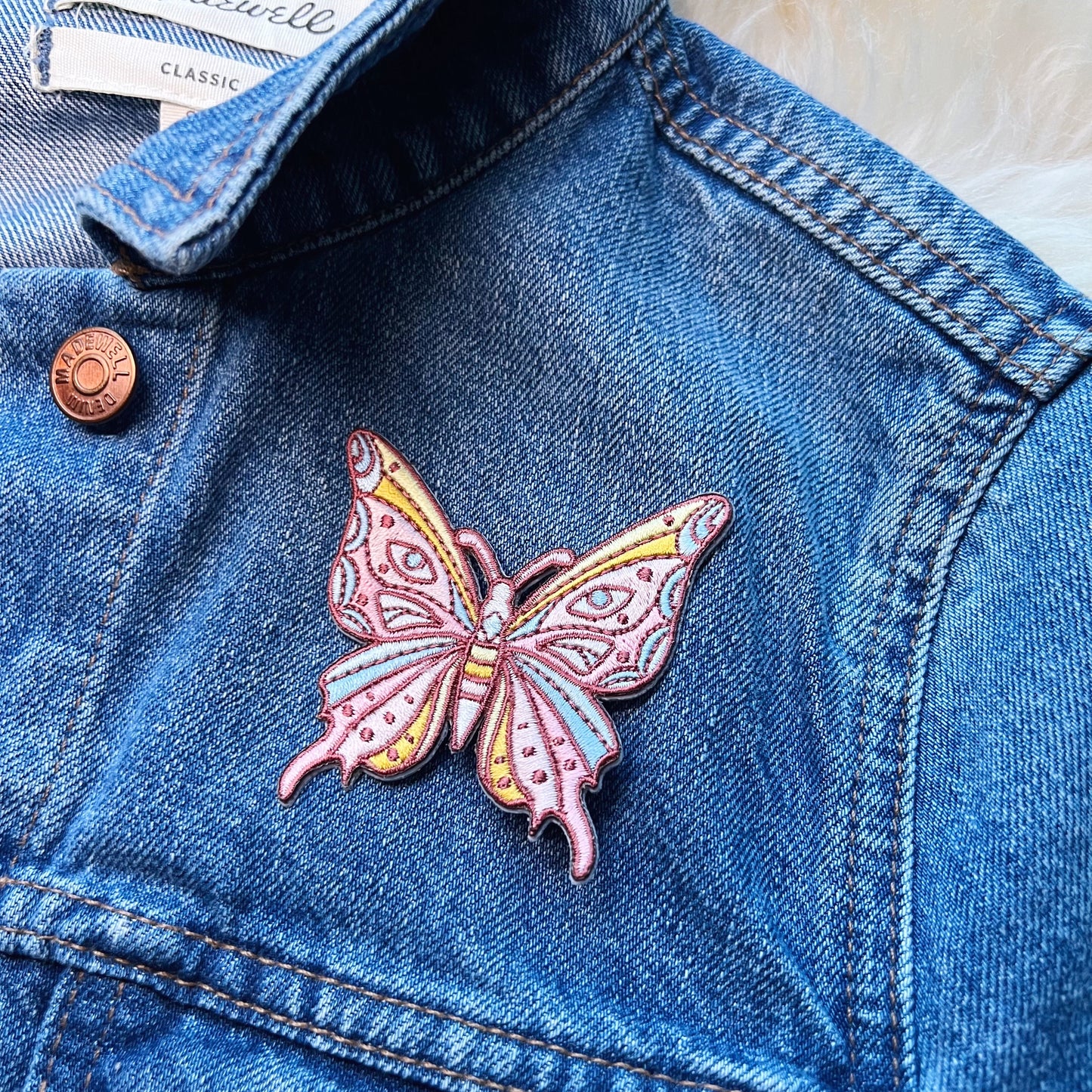 TR00496-MLT-OS Mystical Butterfly Patch - Embroidered Iron On Patches - Wildflower + Co jacket