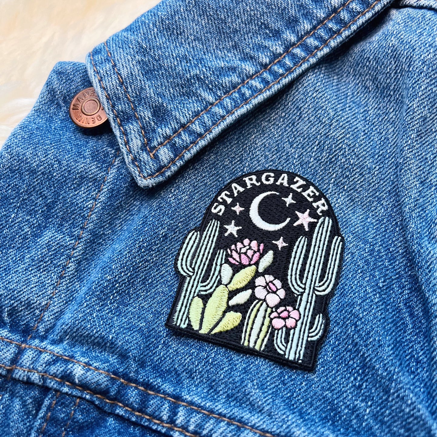 TR00498-MLT-OS Stargazer Desert Patch - Embroidered Iron On Patches - Cactus - Desert at Night, Stargazing, Astronomy - Wildflower + Co (1) jacket