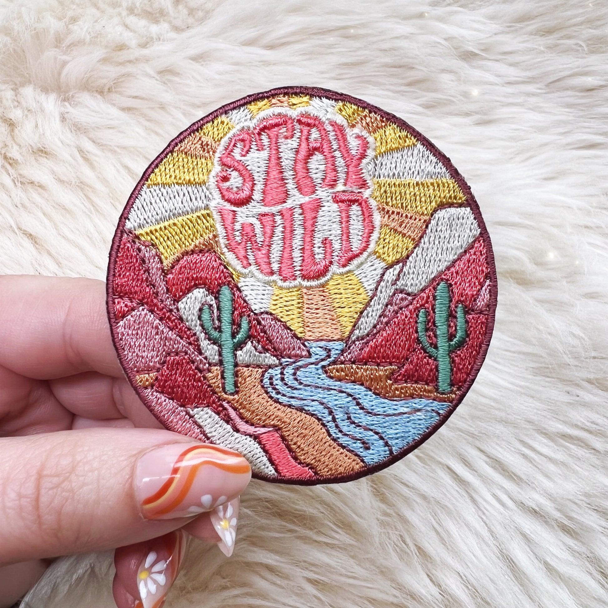 TR00499-MLT-OS Stay Wild Desert Cactus Patch - Embroidered Iron On Patches - Wildflower + Co. DIY (1) fur hand