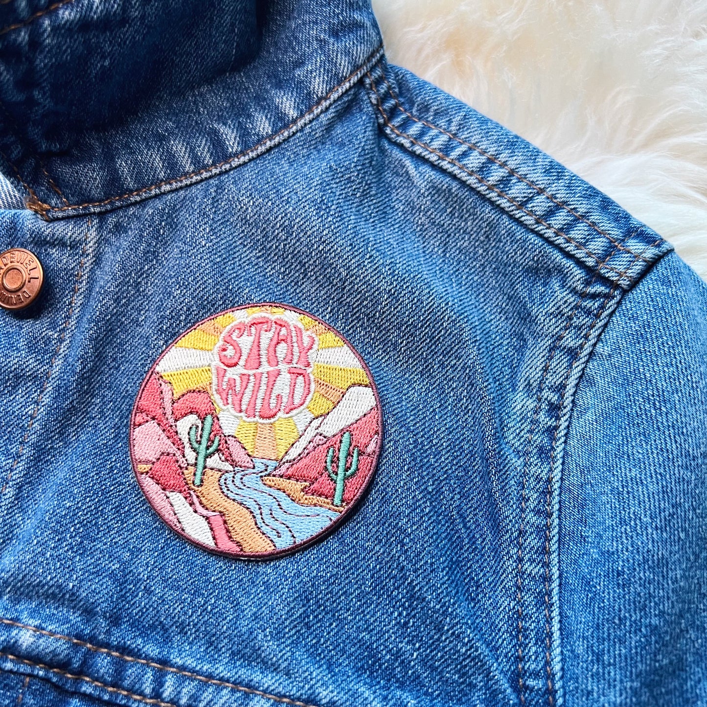 TR00499-MLT-OS Stay Wild Desert Cactus Patch - Embroidered Iron On Patches - Wildflower + Co. DIY (2) jacket