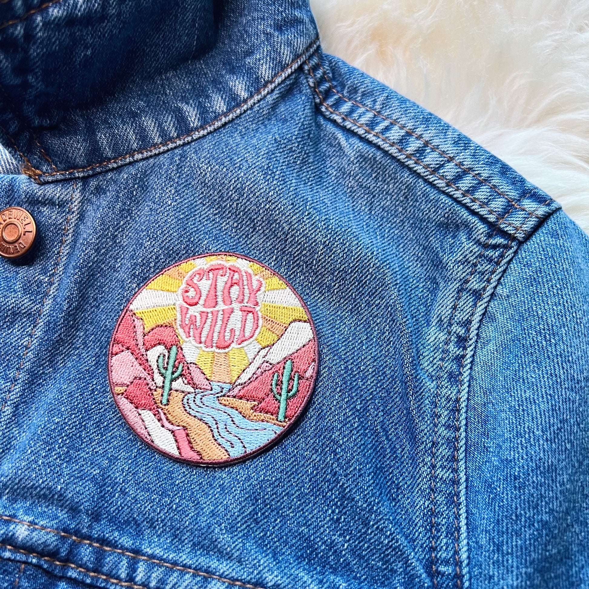 TR00499-MLT-OS Stay Wild Desert Cactus Patch - Embroidered Iron On Patches - Wildflower + Co. DIY (2) jacket