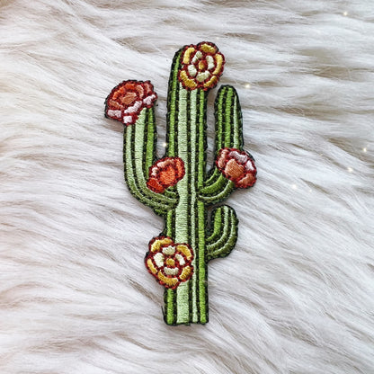 TR00501-MLT-OS Saguaro Cactus Patch - Embroidered Iron On Patches - Cute Saguaro Blossoms - Cactus Flowers - Arizona Desert - Wildflower + Co (1)