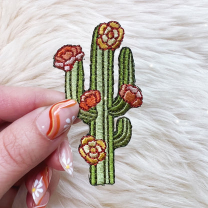 TR00501-MLT-OS Saguaro Cactus Patch - Embroidered Iron On Patches - Cute Saguaro Blossoms - Cactus Flowers - Arizona Desert - Wildflower + Co (2) in hand