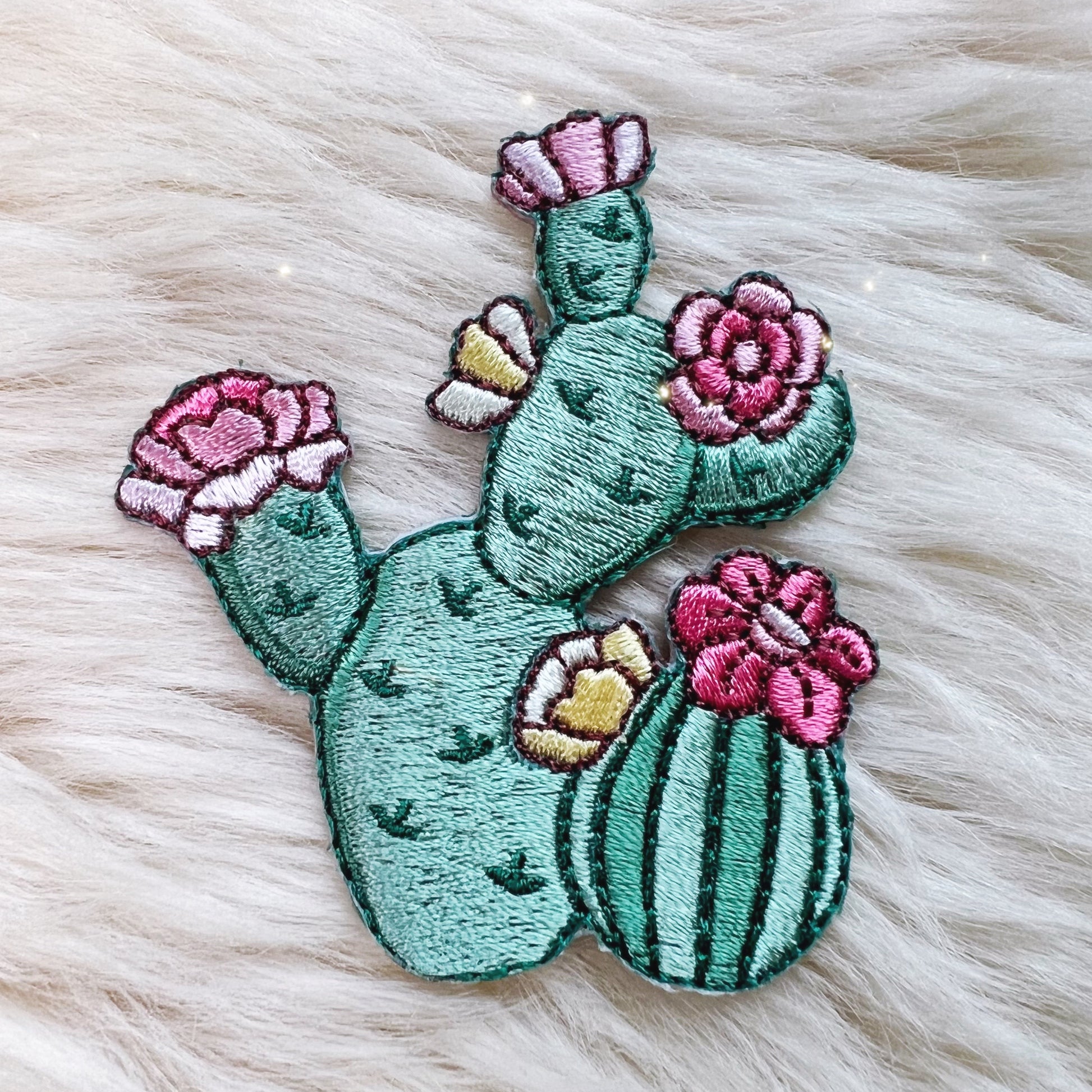 TR00502-MLT-OS Prickly Pear Cactus Patch - Embroidered Iron On Patches - Cactus Flowers - Wildflower + Co (4) fur