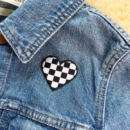 TR00503-BLK-OS - Black and White Checker Heart Patch - Wildflower & Co on jacket