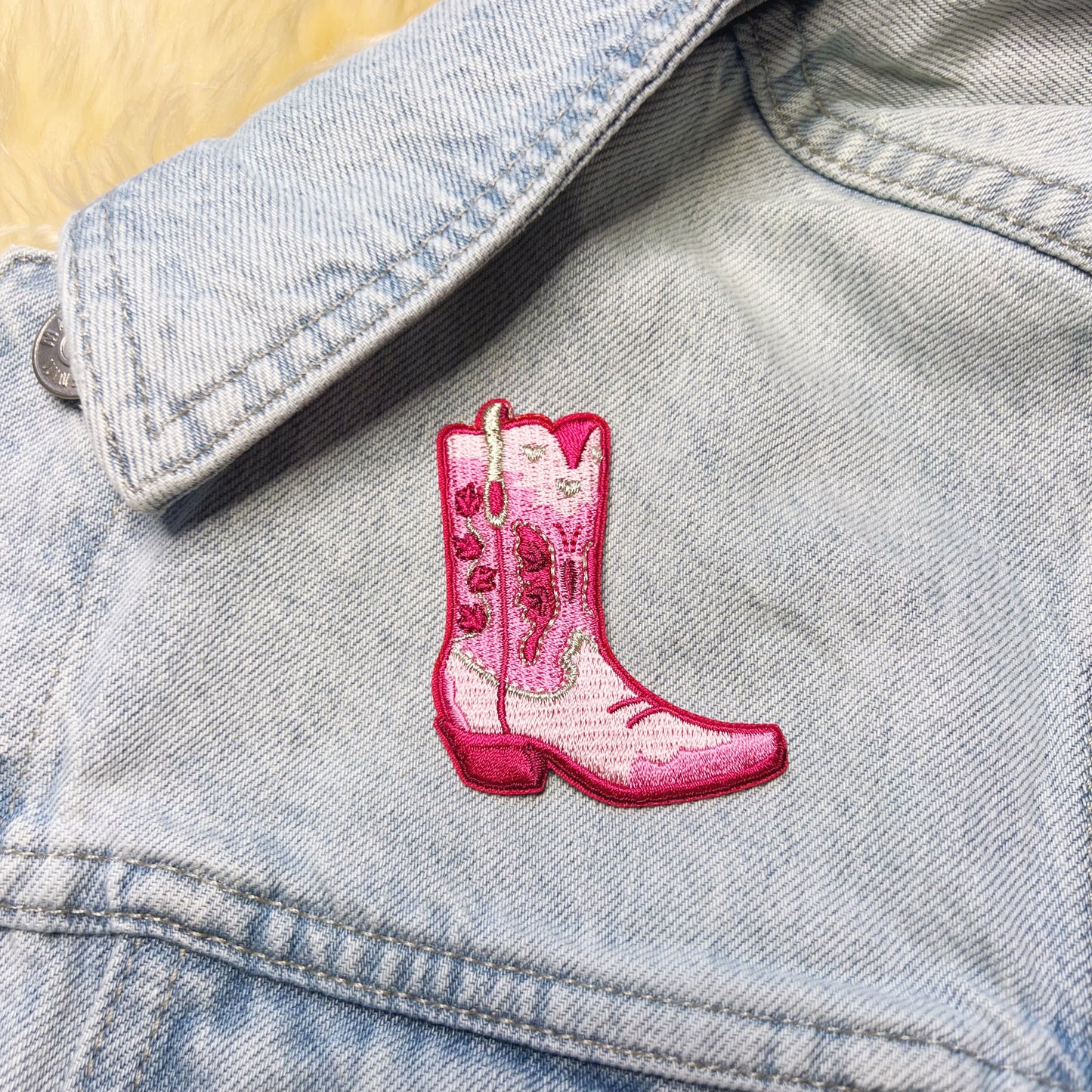 pink cowgirl patches - boot hat howdy - wildflower + co. - boot on jacket