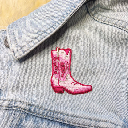 pink cowgirl patches - boot hat howdy - wildflower + co. - boot on jacket