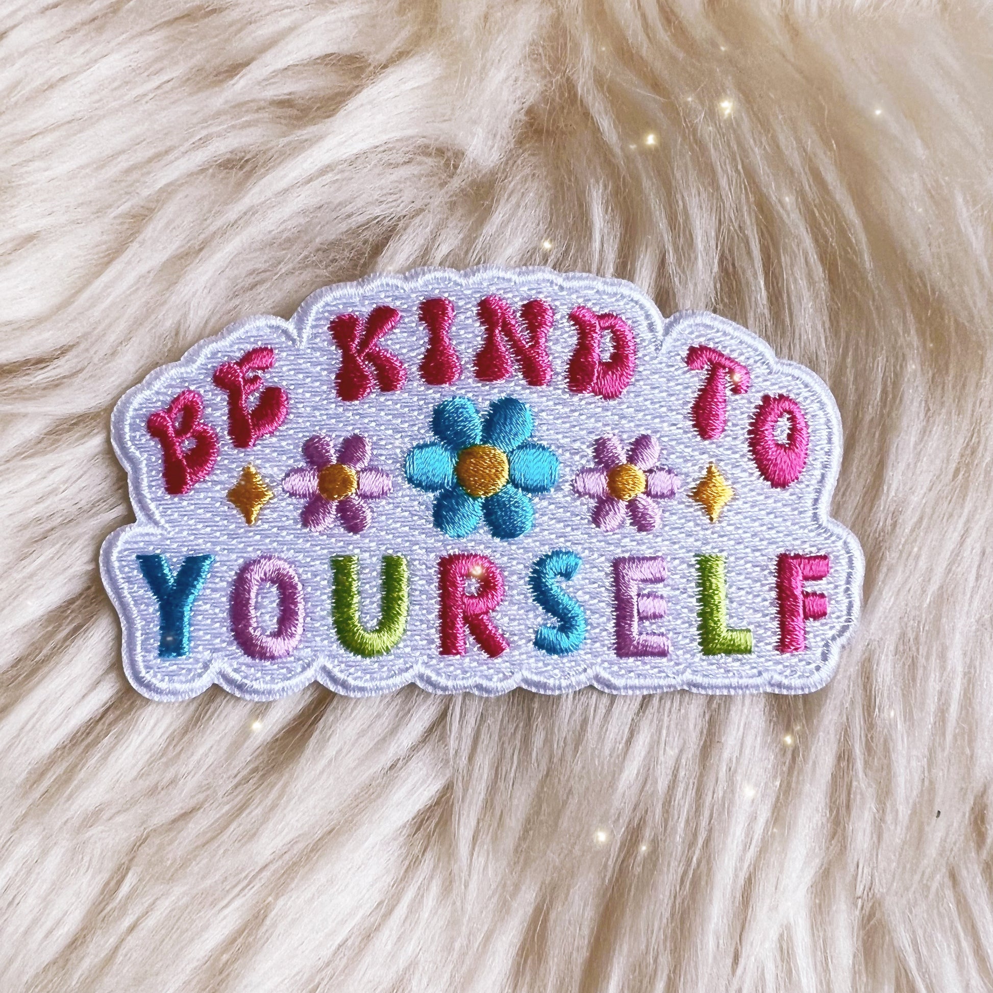 TR00573-ALL-OS Positivity Quote Patches - Wildflower + Co be kind to yourself on fur