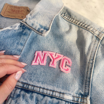 TR00631-PNK-OS - NYC Patch - Pink - Embroidered Iron On Patches for Jackets - New York City Souvenir - Wildflower + Co pink jacket