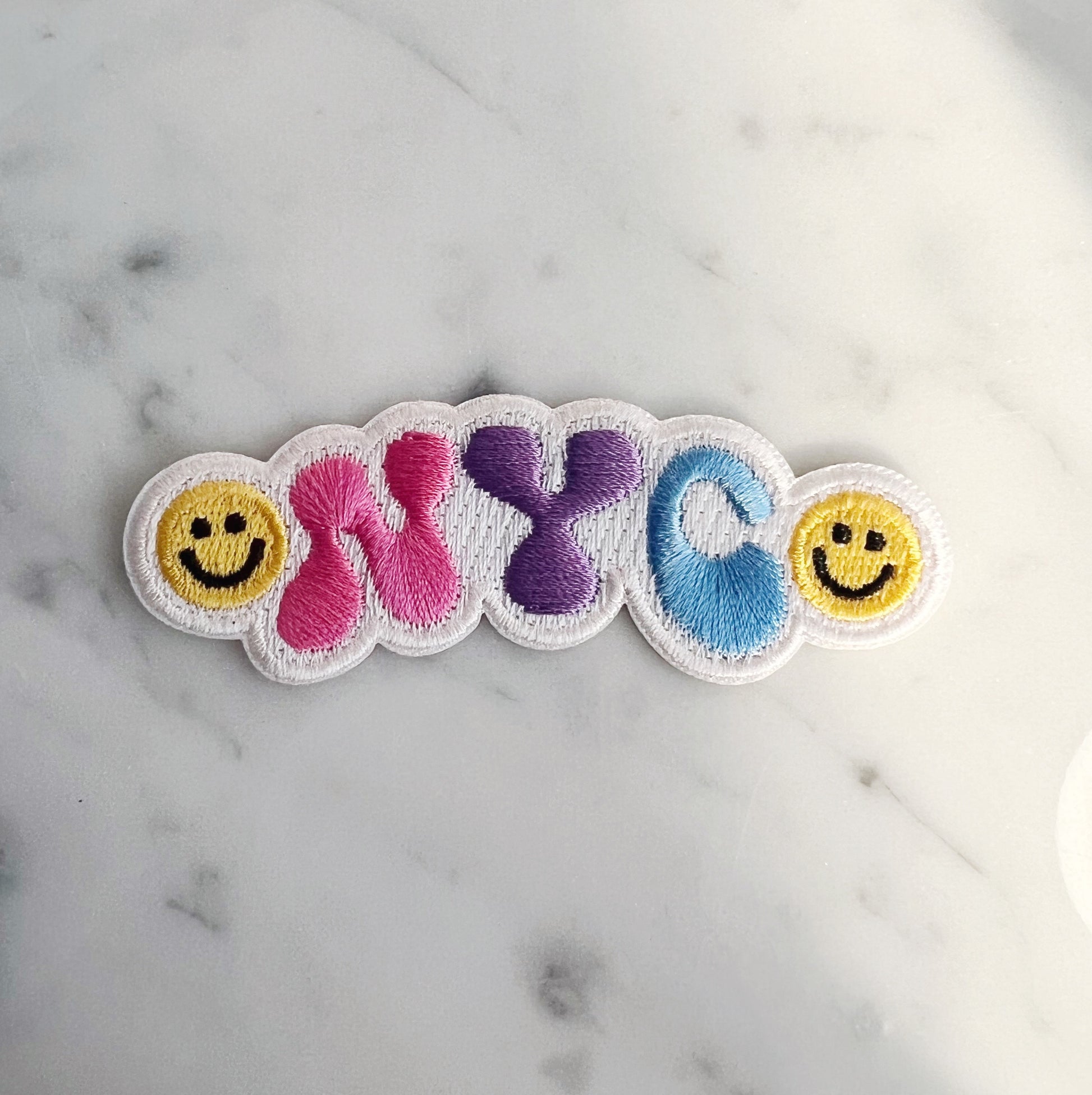 TR00633-MLT-OS - NYC Smiley Patch - Embroidered Iron on Patches for Jackets - Cute New York City Souvenir Gift - Wildflower + Co (4) marble