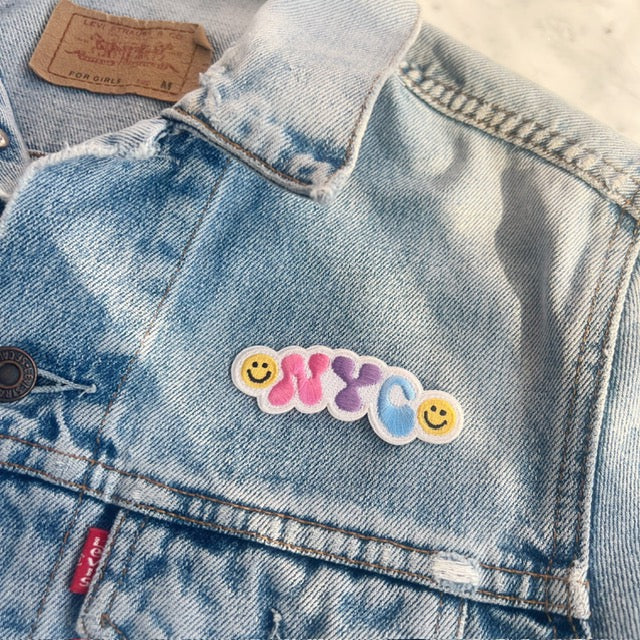 TR00633-MLT-OS - NYC Smiley Patch - Embroidered Iron on Patches for Jackets - Cute New York City Souvenir Gift - Wildflower + Co (4) jacket