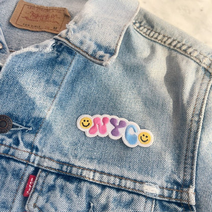 TR00633-MLT-OS - NYC Smiley Patch - Embroidered Iron on Patches for Jackets - Cute New York City Souvenir Gift - Wildflower + Co (4) jacket