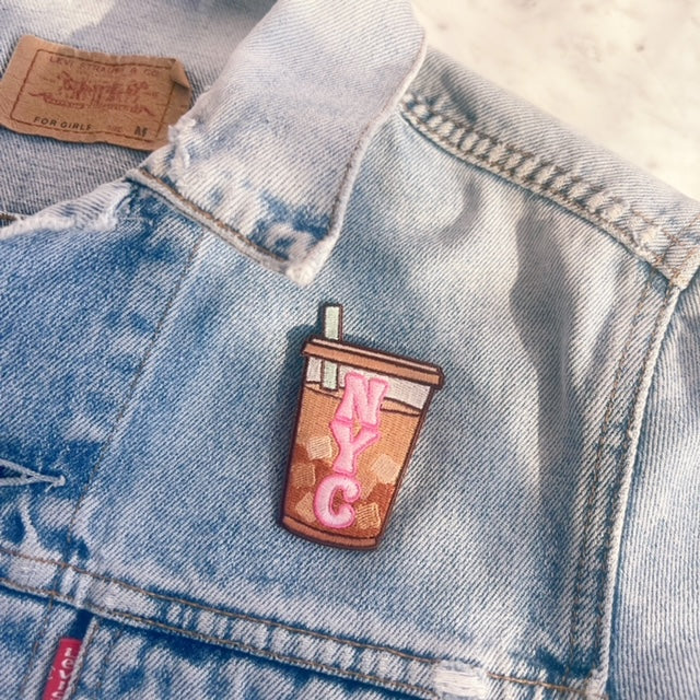 TR00634-MLT-OS - NYC Iced Coffee Patch - Embroidered Iron on Patches for Jackets - New York City Souvenir - Wildflower + Co jacket