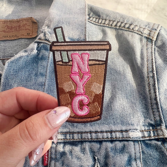 TR00634-MLT-OS - NYC Iced Coffee Patch - Embroidered Iron on Patches for Jackets - New York City Souvenir - Wildflower + Co jacket