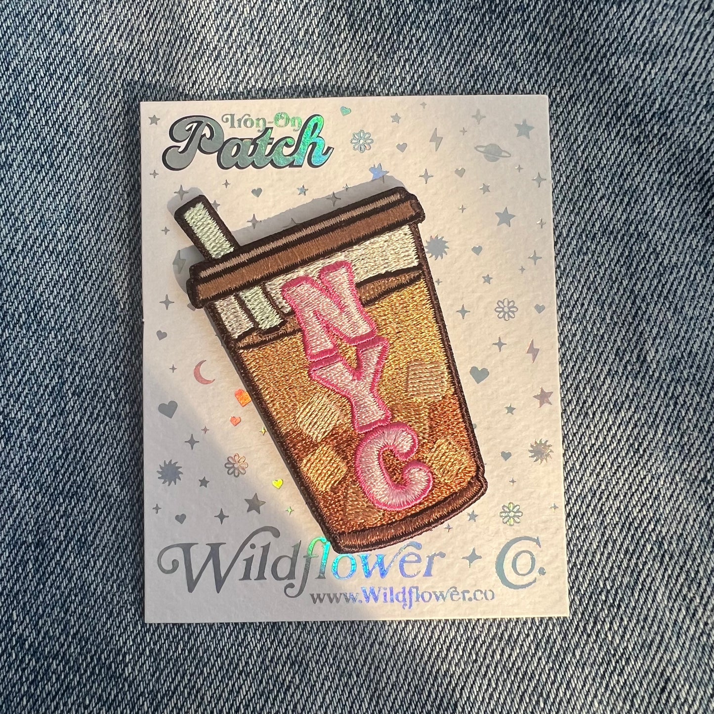 TR00634-MLT-OS - NYC Iced Coffee Patch - Embroidered Iron on Patches for Jackets - New York City Souvenir - Wildflower + Co card
