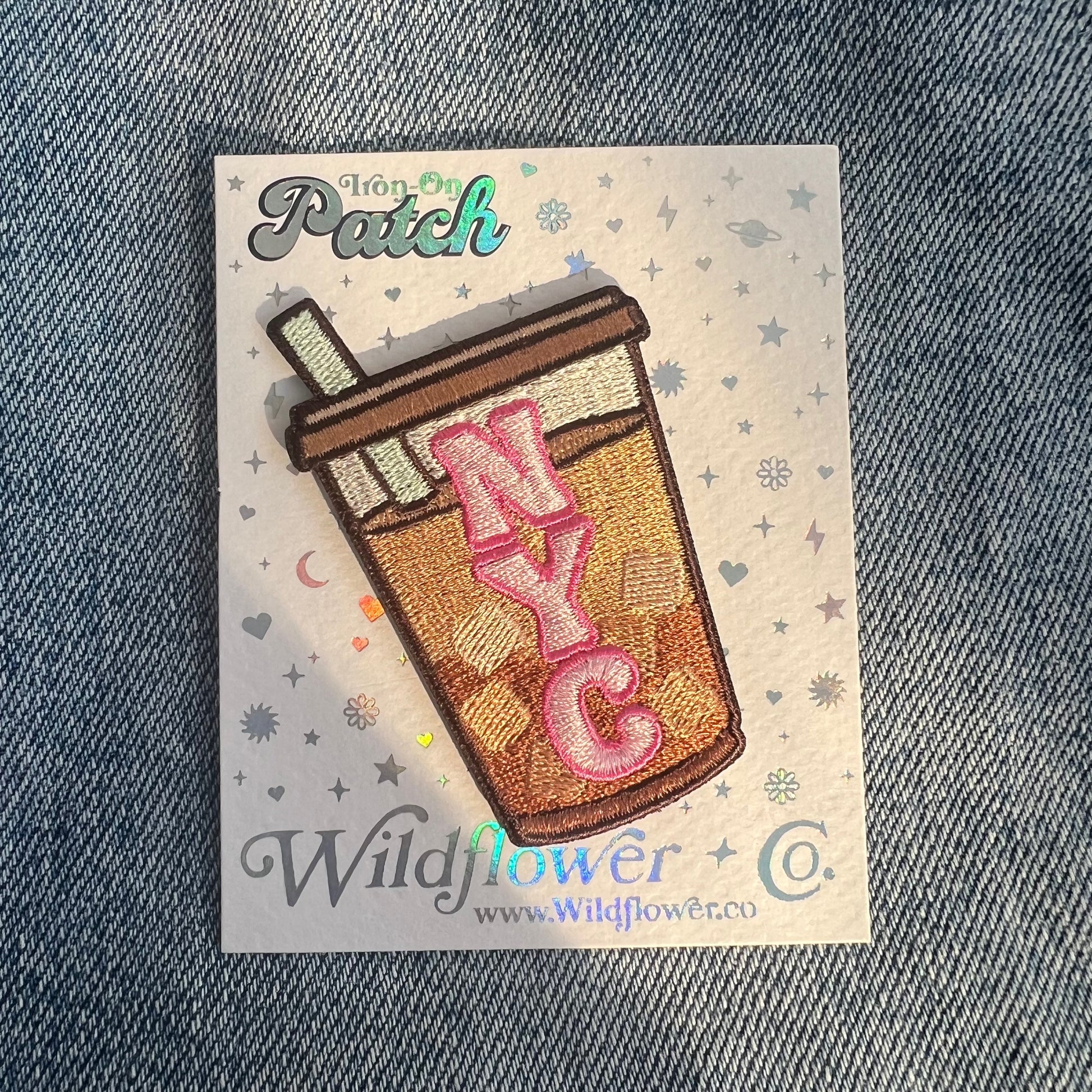 TR00634-MLT-OS - NYC Iced Coffee Patch - Embroidered Iron on Patches for Jackets - New York City Souvenir - Wildflower + Co card