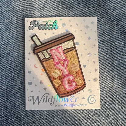 TR00634-MLT-OS - NYC Iced Coffee Patch - Embroidered Iron on Patches for Jackets - New York City Souvenir - Wildflower + Co card
