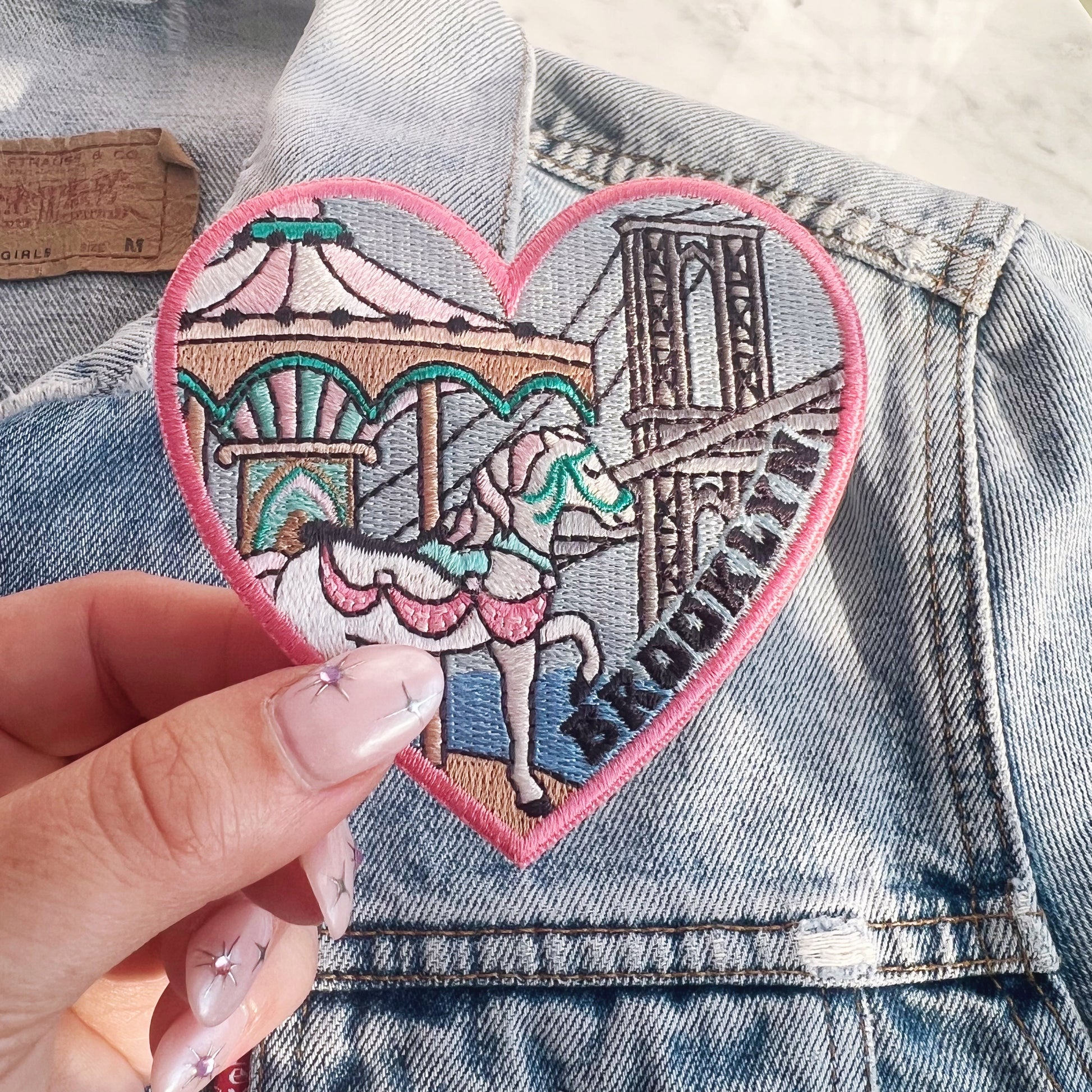 TR00635-MLT-OS - Brooklyn Bridge Heart Patch - Embroidered Iron on Patches for Jackets - Dumb Brooklyn NYC Souvenir - Wildflower + Co (3) hand