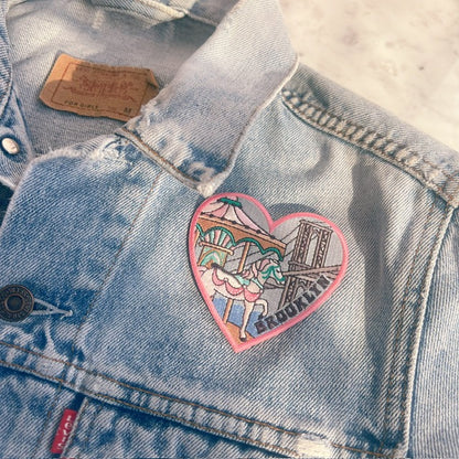 TR00635-MLT-OS - Brooklyn Bridge Heart Patch - Embroidered Iron on Patches for Jackets - Dumb Brooklyn NYC Souvenir - Wildflower + Co (3) on jacket