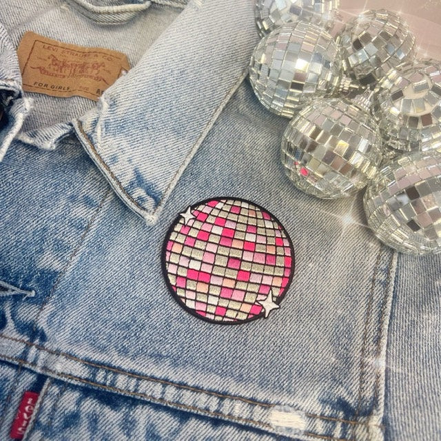 TR00640-MLT-OS - Disco Ball Patch (Pink Disco Ball) - Embroidered Iron on Patches for Jackets - Cute Gifts - Wildflower + Co