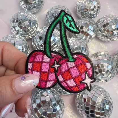 TR00641-MLT-OS - Disco Ball Cherries Patch - Embroidered Iron on Patches for Jackets - Cute Fruit Gifts - Wildflower + Co - in hand