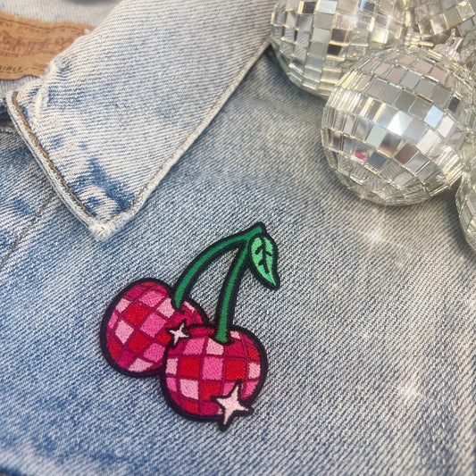 TR00641-MLT-OS - Disco Ball Cherries Cherry Patch - Embroidered Iron on Patches for Jackets - Cute Fruit Gifts - Wildflower + Co - on jacket