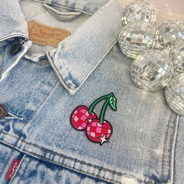 TR00641-MLT-OS - Disco Ball Cherries Patch - Embroidered Iron on Patches for Jackets - Cute Fruit Gifts - Wildflower + Co 