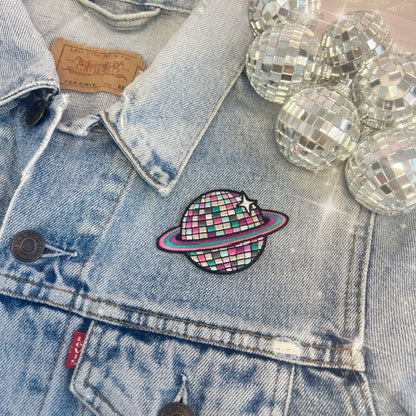 TR00643-MLT-OS - Disco Ball Planet Patch - Embroidered Iron on Patches for Jackets - Planet Cute Gifts - Wildflower + Co on jacket